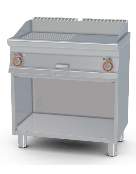 Fry-top elettrico 1/2 rigato + 1/2 liscio cromato su mobile a giorno  - piastra cm 76x34, 2 zone di cottura - cm 80x55x90h