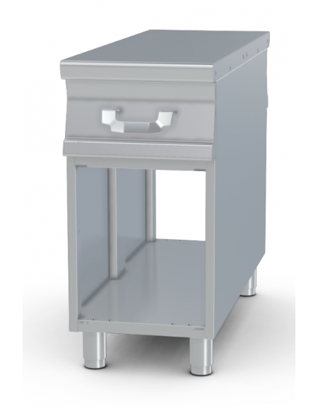 Piano lavoro passante inox AISI 304 su mobile a giorno - 2 cassettoi, 2 bacinella GN-2/3 inox - cm 40x110x90h