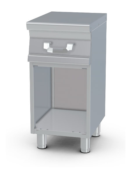 Piano di lavoro inox AISI 304 su mobile a giorno - 1 cassetto, 1 bacinella GN2/3 inox- cm 40x55x90h