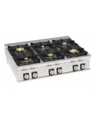 Cucina a gas 6 fuochi da banco in acciaio Inox con piano ermetico - potenza fuochi 2x6kw + 2x10kw + 2x11Kw - cm 120x90x28h