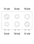 Cucina a gas 6 fuochi da banco in acciaio Inox con piano ermetico - potenza fuochi 2x6kw + 2x10kw + 2x11Kw - cm 120x90x28h
