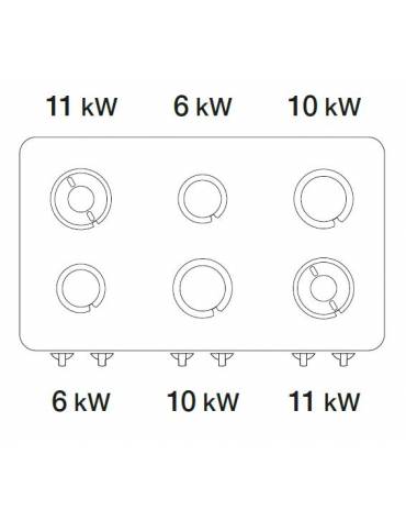 Cucina a gas 6 fuochi da banco in acciaio Inox con piano ermetico - potenza fuochi 2x6kw + 2x10kw + 2x11Kw - cm 120x90x28h