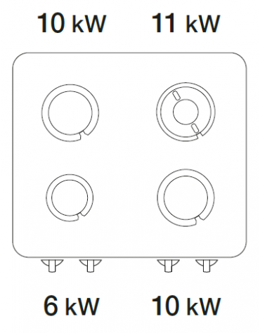 Cucina a gas 4 fuochi su vano aperto in acciaio Inox con piano ermetico - potenza fuochi 1x6kw + 2x10kw + 1X11Kw - cm 80x90x90h