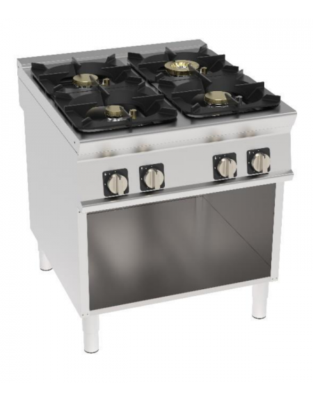 Cucina a gas 4 fuochi su vano aperto in acciaio Inox con piano ermetico - potenza fuochi 1x6kw + 2x10kw + 1X11Kw - cm 80x90x90h