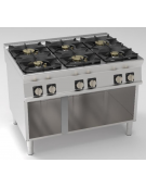 Cucina a gas 6 fuochi in acciaio Inox su vano aperto, con piano ermetico - potenza fuochi 3x6kw + 3x10kw - cm 120x90x90h