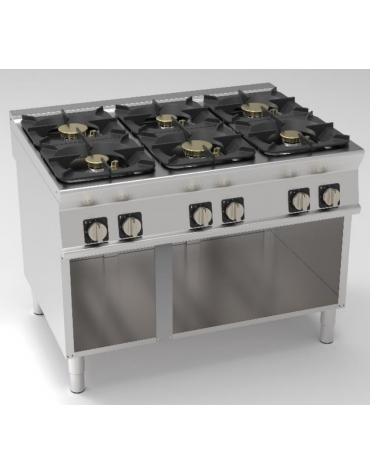 Cucina a gas 6 fuochi in acciaio Inox su vano aperto, con piano ermetico - potenza fuochi 3x6kw + 3x10kw - cm 120x90x90h