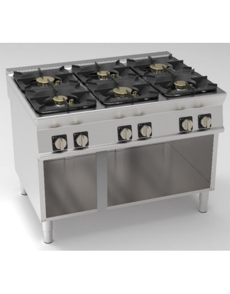 Cucina a gas 6 fuochi in acciaio Inox su vano aperto, con piano ermetico - potenza fuochi 3x6kw + 3x10kw - cm 120x90x90h