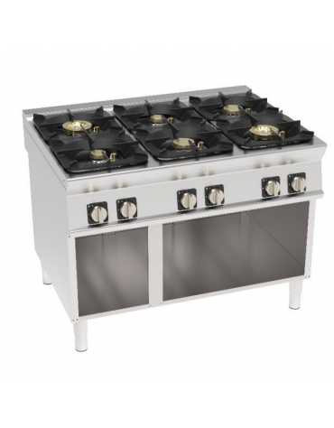 Cucina a gas 6 fuochi in acciaio Inox su vano aperto, con piano ermetico - potenza fuochi 2x6kw+2x10kw+2X11Kw - cm 120x90x90h