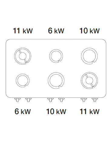 Cucina a gas 6 fuochi in acciaio Inox su vano aperto, con piano ermetico - potenza fuochi 2x6kw+2x10kw+2X11Kw - cm 120x90x90h
