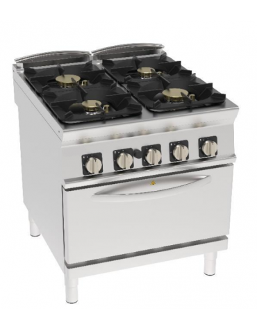 Cucina a gas 4 fuochi su forno a gas GN 2/1, camera cm 57,5x65x30, potenza fuochi 2x6kw + 2x10kw - cm 80x90x90h