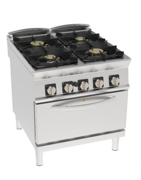 Cucina a gas 4 fuochi su forno a gas GN 2/1, camera cm 57,5x65x30, potenza fuochi 2x6kw + 2x10kw - cm 80x90x90h