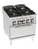 Cucina a gas 4 fuochi su forno a gas GN 2/1, camera cm 57,5x65x30, potenza fuochi 1x6kw + 2x10kw + 1x11Kw - cm 80x90x90h