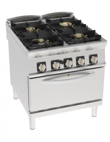Cucina a gas 4 fuochi su forno a gas GN 2/1, camera cm 57,5x65x30, potenza fuochi 1x6kw + 2x10kw + 1x11Kw - cm 80x90x90h