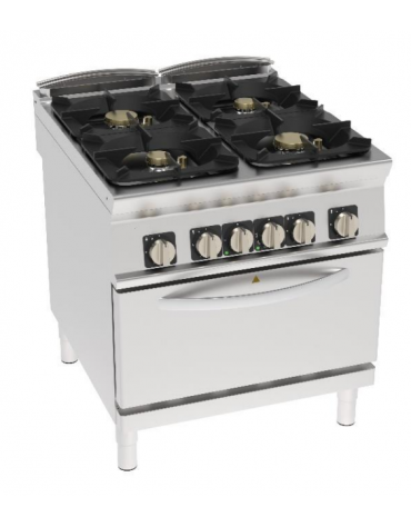 Cucina a gas 4 fuochi su forno elettrico statico GN 2/1, camera cm 57,5x65x30, potenza fuochi 2x6kw + 2x10kw - cm 80x90x90h