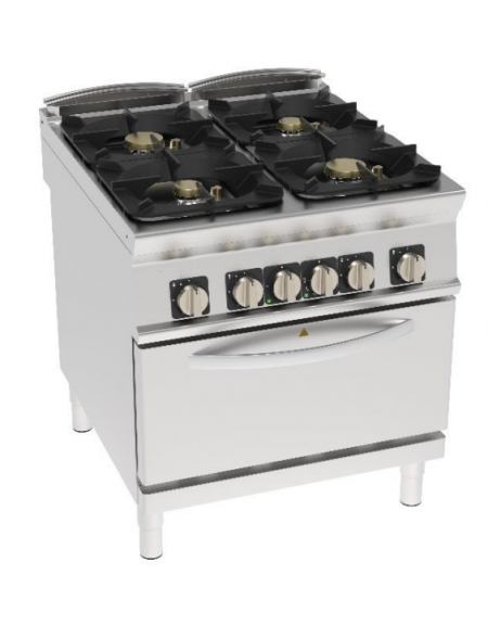 Cucina a gas 4 fuochi su forno elettrico statico GN 2/1, camera cm 57,5x65x30, potenza fuochi 2x6kw + 2x10kw - cm 80x90x90h