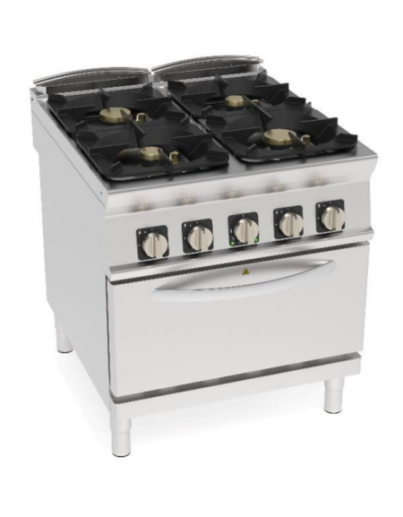 Cucina a gas ermetica 4 fuochi su forno elettrico ventilato GN 2/1, potenza fuochi 2x6kw+2x10kw - cm 80x90x90h