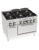 Cucina a gas ermetica 6 fuochi, potenza 3x6kw + 3x10kw - su forno a gas GN 2/1, camera cm 57,5x65x30 - cm 120x90x90h