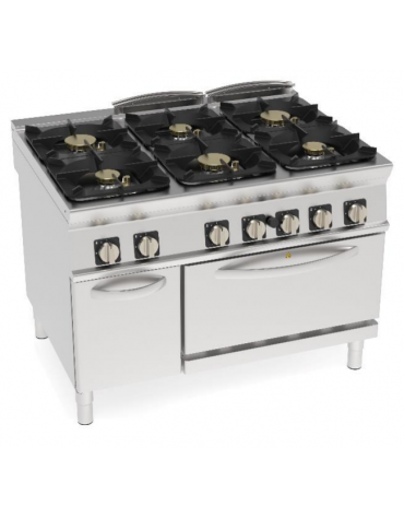 Cucina a gas ermetica 6 fuochi su forno a gas GN 2/1, camera cm 57,5x65x30, potenza fuochi 6x6kw + 6x10kw - cm 120x90x90h