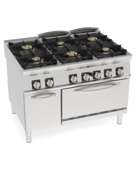 Cucina a gas ermetica 6 fuochi su forno a gas GN 2/1, camera cm 57,5x65x30, potenza fuochi 6x6kw + 6x10kw - cm 120x90x90h
