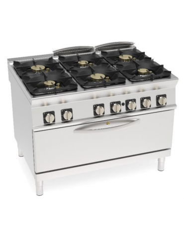 Cucina a gas ermetica 6 fuochi su forno a gas statico full size - potenza fuochi 3x6kw + 3x10kw - cm 120x90x90h
