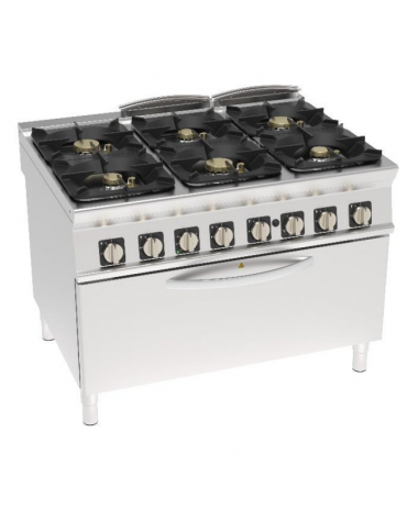Cucina a gas ermetica 6 fuochi su forno a gas statico full size e Grill elettrico - fuochi 3x6kw + 3x10kw - cm 120x90x90h