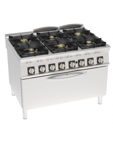 Cucina a gas ermetica 6 fuochi su forno a gas statico full size e Grill elettrico - fuochi 3x6kw + 3x10kw - cm 120x90x90h