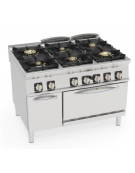 Cucina a gas ermetica 6 fuochi su forno a gas GN 2/1, camera cm 57,5x65x30, potenza fuochi 2x6kw+2x10kw+211Kw - cm 120x90x90h