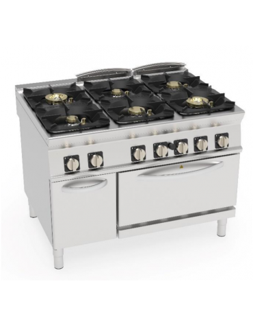 Cucina a gas ermetica 6 fuochi su forno a gas GN 2/1, camera cm 57,5x65x30, potenza fuochi 2x6kw+2x10kw+211Kw - cm 120x90x90h