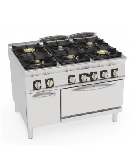 Cucina a gas ermetica 6 fuochi su forno a gas GN 2/1, camera cm 57,5x65x30, potenza fuochi 2x6kw+2x10kw+211Kw - cm 120x90x90h