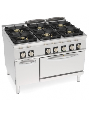 Cucina a gas ermetica 6 fuochi su forno elettrico ventilato GN 1/1, potenza fuochi 3x6kw+3x10kw - cm 80x90x90h