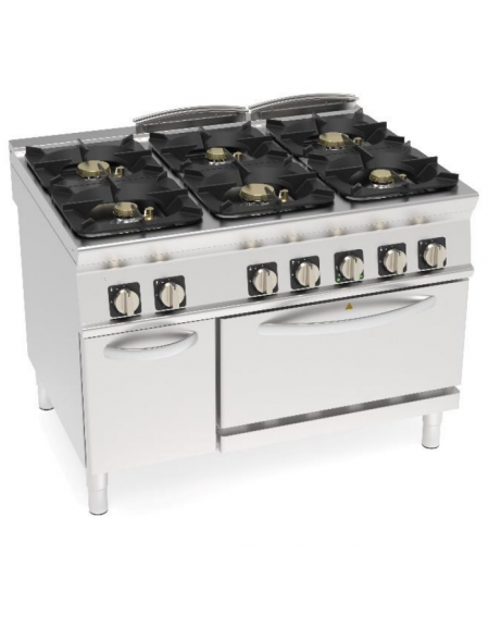 Cucina a gas ermetica 6 fuochi su forno elettrico ventilato GN 1/1, potenza fuochi 3x6kw+3x10kw - cm 80x90x90h