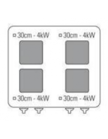 Cucina elettrica trifase - 21,3 kw, 4 piastre quadre cm 30x30, su forno elettrico GN2/1 camera cm 57,5x65x30h - cm 80x90x9