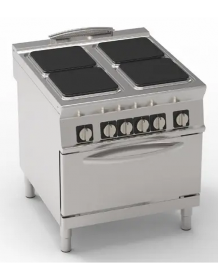 Cucina elettrica trifase - 21,3 kw, 4 piastre quadre cm 30x30, su forno elettrico GN2/1 camera cm 57,5x65x30h - cm 80x90x9