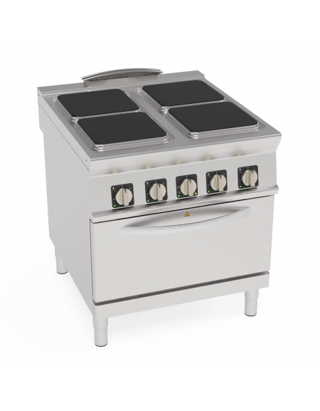 Cucina elettrica trifase-21kw, 4 piastre cm 30x30, su forno elett. ventilato con camera cm 57x51,5x30h - dim tot. cm 80x90x90h