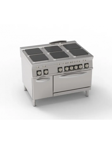 Cucina elettrica trifase-29,3kw, 6 piastre quadre cm 30x30, su forno elett. con camera cm 57,5x65x30h - dim tot. cm 120x90x90h