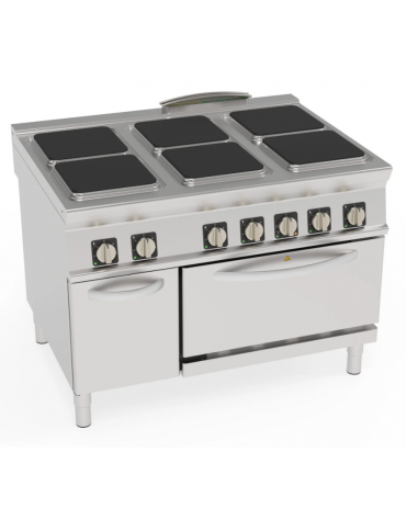 Cucina elettrica trifase-29kw, 6 piastre cm 30x30, su forno elett. ventilato, camera cm 57,5x51,5x30h - dim tot. cm 120x90x90h