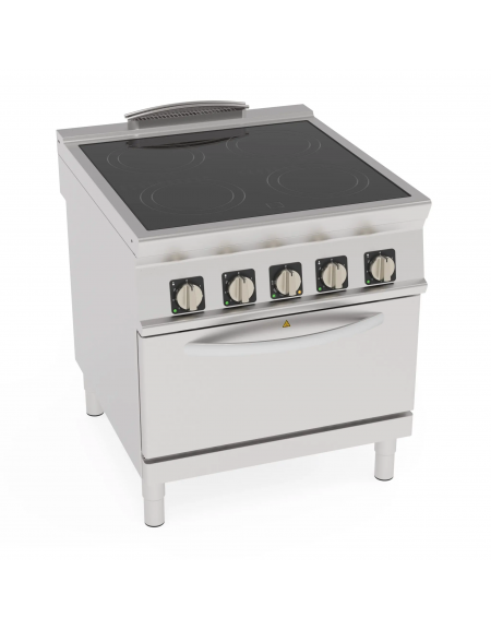 Cucina elettrica trifase-18,6kw, 4 piani di cottura vetroceramica, cam. forno elettrico ventilato GN1/1 - cm 80x90x