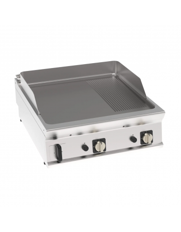 Fry top a gas da banco, 1/3 piastra rigata, 2/3 liscia , cons. gas 1,69 m³/h - sup. di cott. cm 74,9x69,8  - dim. 80x90x28h