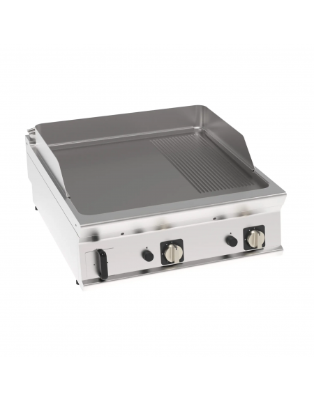 Fry top a gas da banco, 1/3 piastra rigata, 2/3 liscia , cons. gas 1,69 m³/h - sup. di cott. cm 74,9x69,8  - dim. 80x90x28h