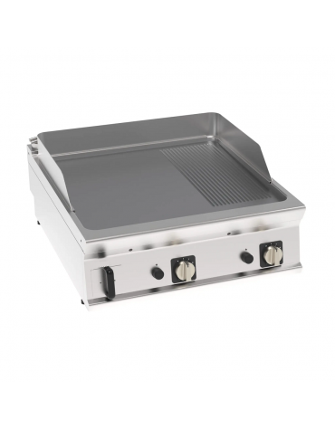 Fry top a gas da banco, 16 kw, piastra 2/3 liscia e 1/3 rigata cromata spazzolata - zona di cottura cm 74,9x69,8 - cm 80x90x28h