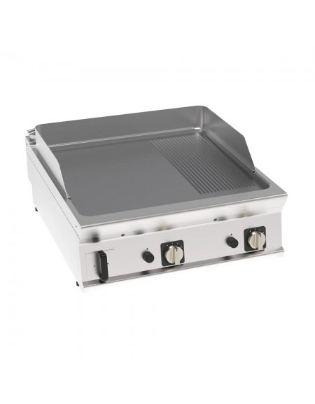 Fry top a gas da banco, 16 kw, piastra 2/3 liscia e 1/3 rigata cromata spazzolata - zona di cottura cm 74,9x69,8 - cm 80x90x28h Fry top a gas da banco, 16 kw, piastra 2/3 liscia e 1/3 rigata cromata spazzolata - zona di cottura cm 74,9x69,8 - cm 80x90x28h