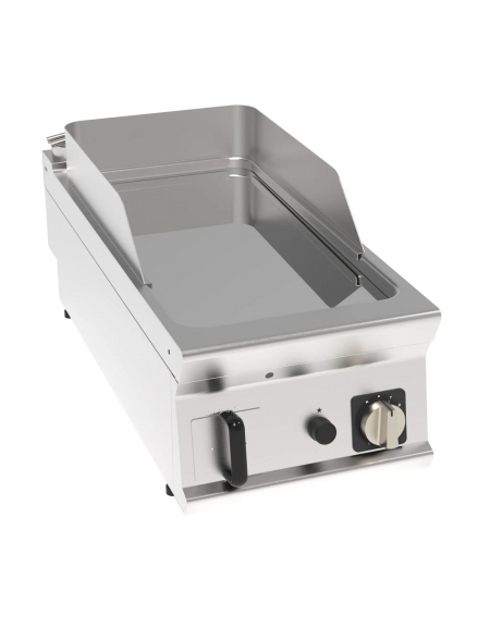 Fry top a gas da banco, 8 kw, piastra liscia cromata, consumo gas 0,84 m³/h - sup. di cottura cm 34,9x69,8  - dim. 40x90x28h