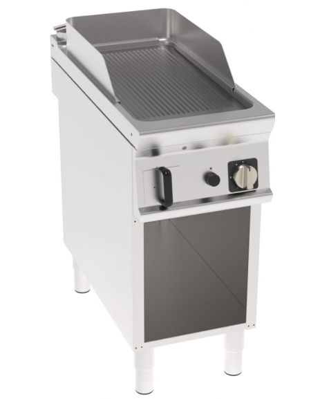 Fry top a gas su vano aperto, 8 kw, piastra rigata, consumo gas 0,84 m³/h - sup. di cottura cm 34,9x69,8  - cm 40x90x90h