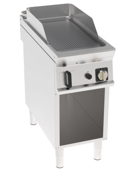 Fry top a gas su vano aperto, 8 kw, piastra singola rigata cromata spazzolata - zona di cottura cm 34,9x69,8 - cm 40x90x90h