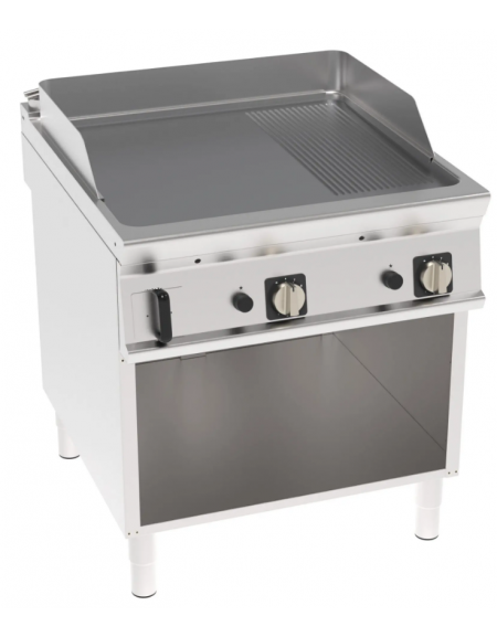 Fry top a gas su vano aperto, 16 kw, piastra 2/3 liscia e 1/3 rigata cromata spazzolata - zona cottura cm 74,9x69,8 - cm 80x90x9