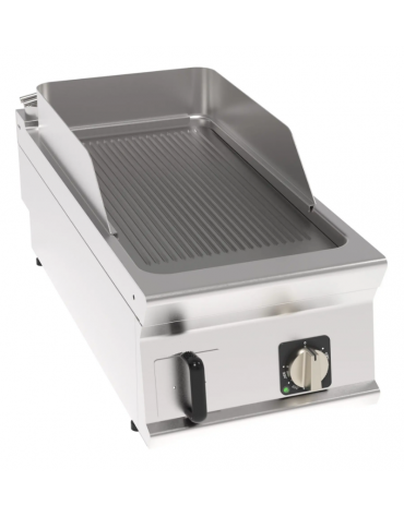 Fry top elettrico trifase-6kw da banco, piastra rigata, r. temp. 50÷320 °C - sup. di cottura cm 34,9x69,8  - cm 40x90x28h