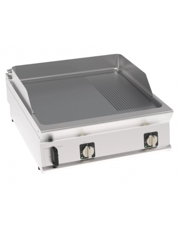 Fry top elettrico da banco, 12 kw, piastra 2/3 liscia e 1/3 rigata cromata spazzolata - zona di cottura cm 74,9x69,8 - cm 80x90x