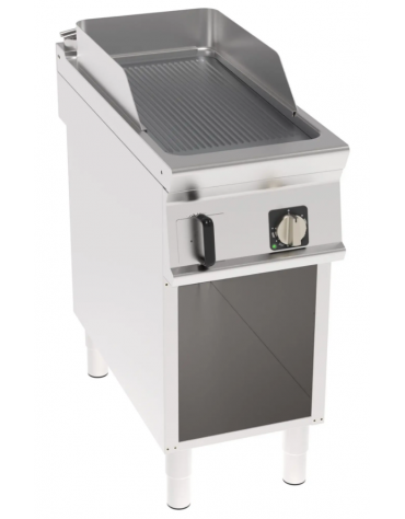 Fry top elettrico su mobile, 6 kw, piastra singola rigata cromata spazzolata - zona di cottura cm 34,9x69,8 - cm 40x90x90h