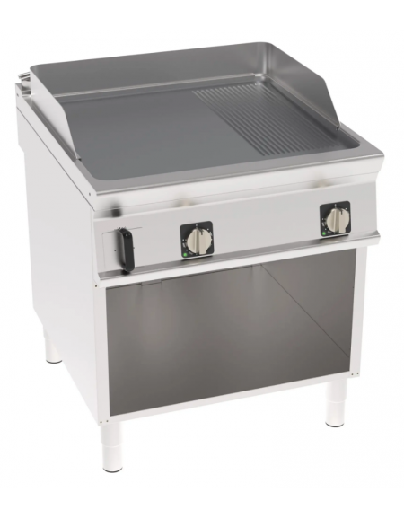 Fry top elettrico su mobile, 12 kw, piastra 2/3 liscia e 1/3 rigata cromata spazzolata - zona cottura cm 74,9x69,8 - cm 80x90x90
