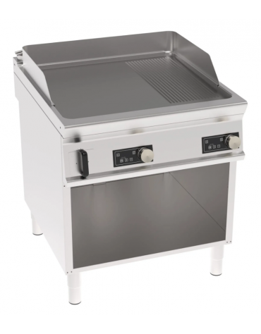 Fry top elettrico trifase - 12 kw su vano aperto, 1/3 piastra rigata, 2/3 liscia, con controllo elettronico - cm 80x90x90h